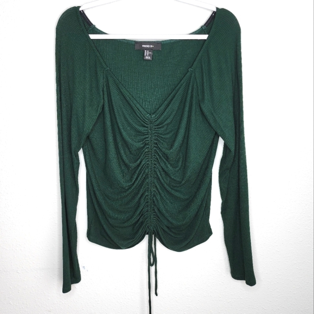 Forever 21+ Ruched V-Neck Long Sleeve Top Stretchy Ribbed Green 2X
